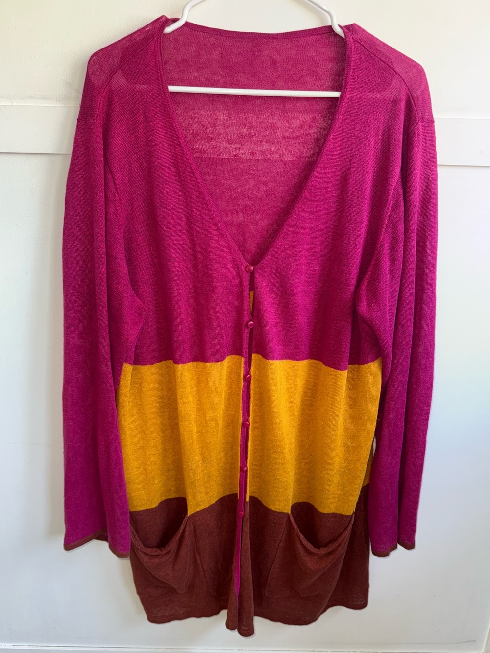 Gudrun Sjoden Colorblock Linen Knit Cardigan with Pockets Sz XL Lagenlook Artsy